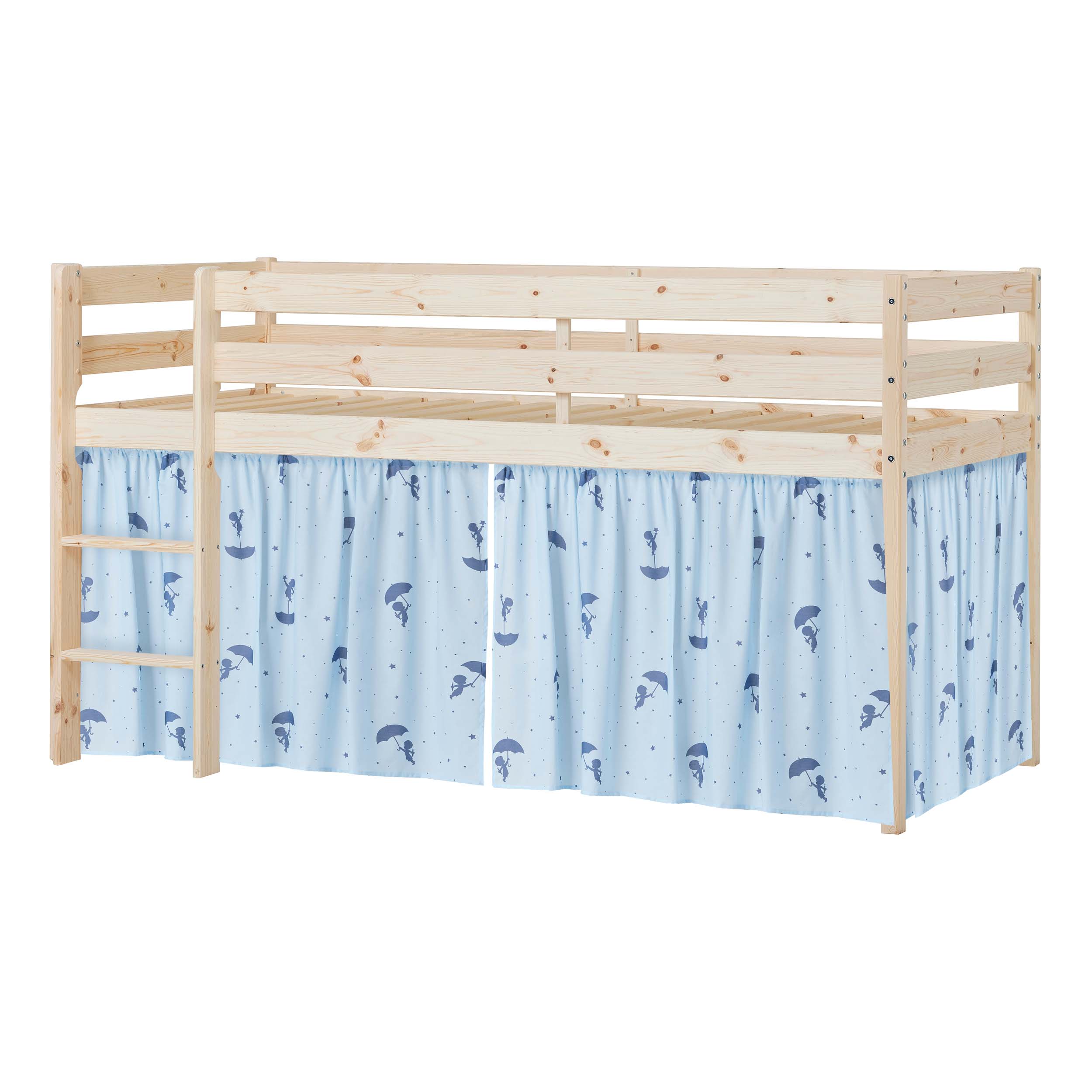 Hoppekids ECO Comfort Vyvýšená postel s modrými Ole Lukoie závěsy na postel