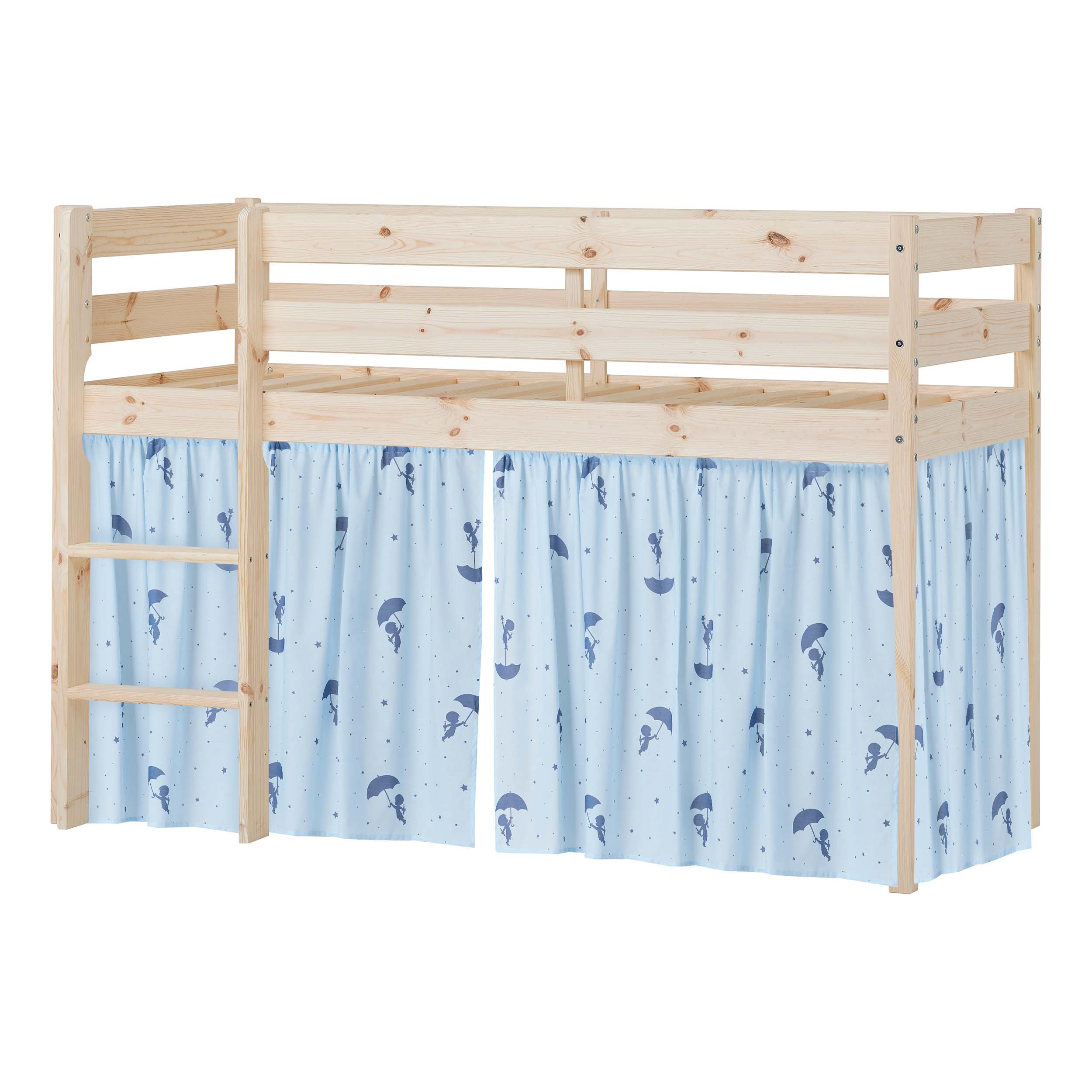 Hoppekids ECO Comfort Vyvýšená postel s modrými Ole Lukoie závěsy na postel