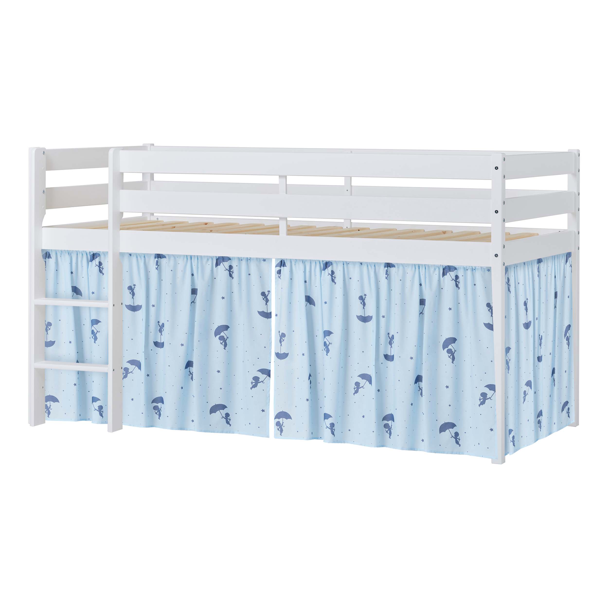 Hoppekids ECO Comfort Vyvýšená postel s modrými Ole Lukoie závěsy na postel