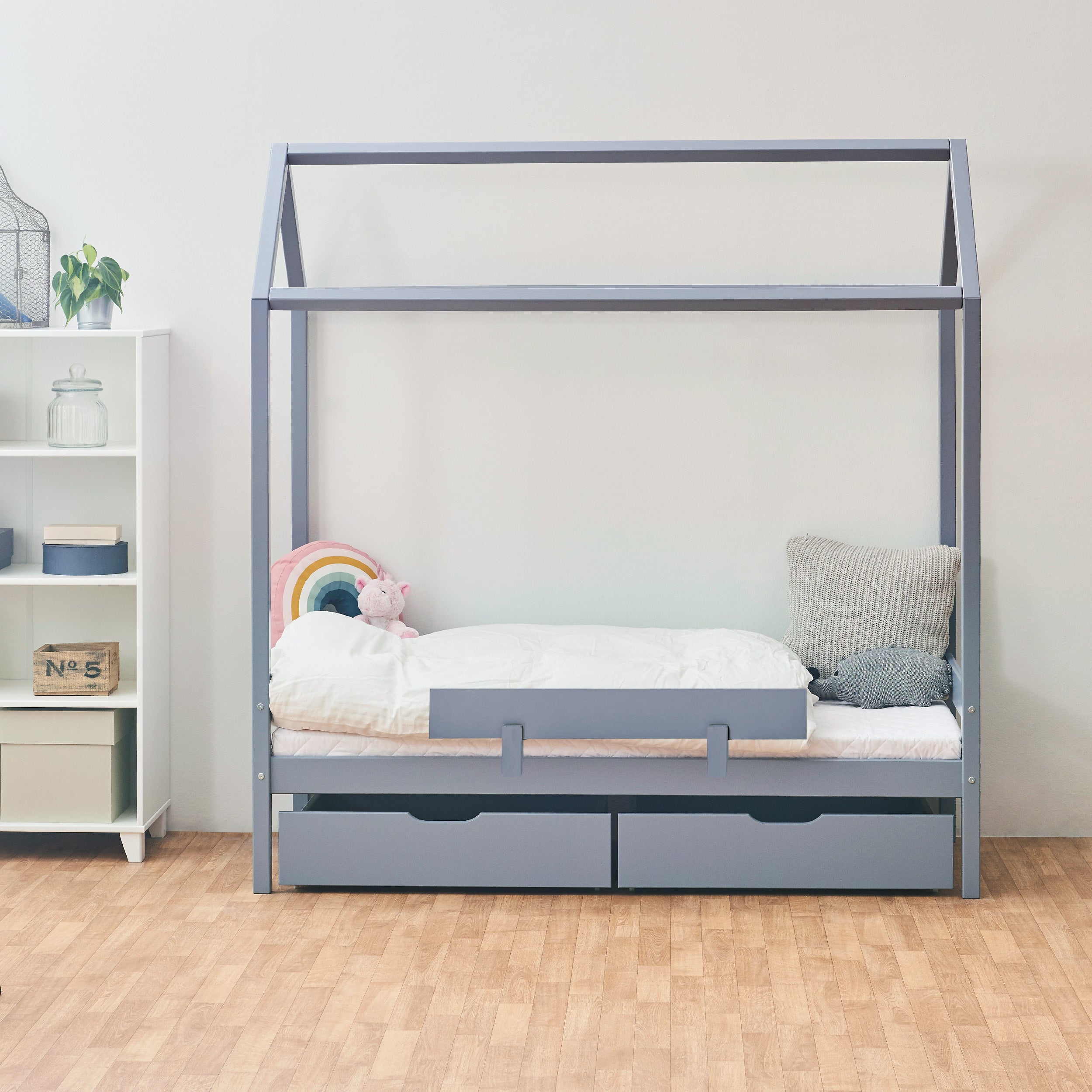 Outlet: ECO Comfort Hausbett mit Bettschubladen & Bettgitter, Blau-Grau