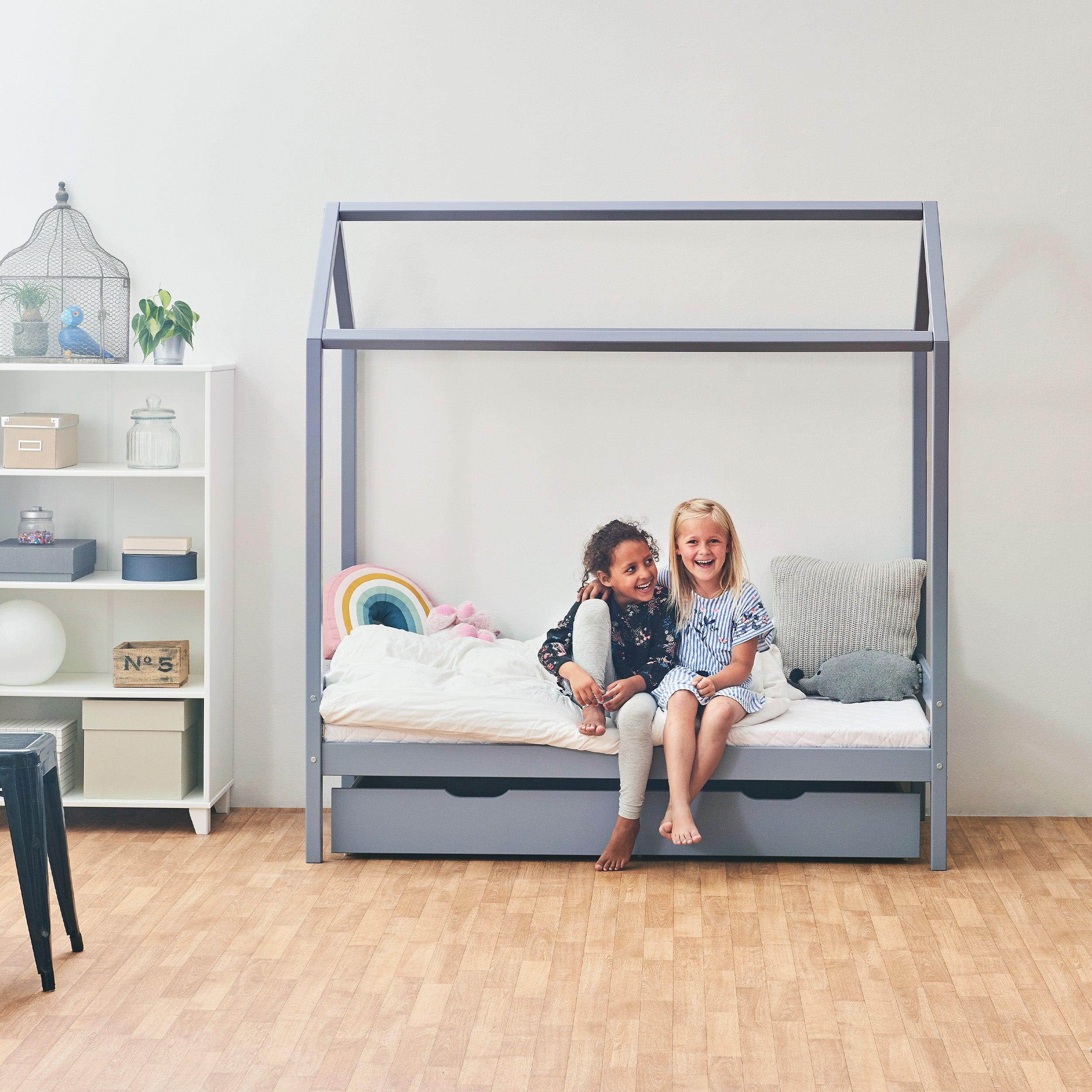 Outlet: ECO Comfort Hausbett mit Bettschubladen & Bettgitter, Blau-Grau