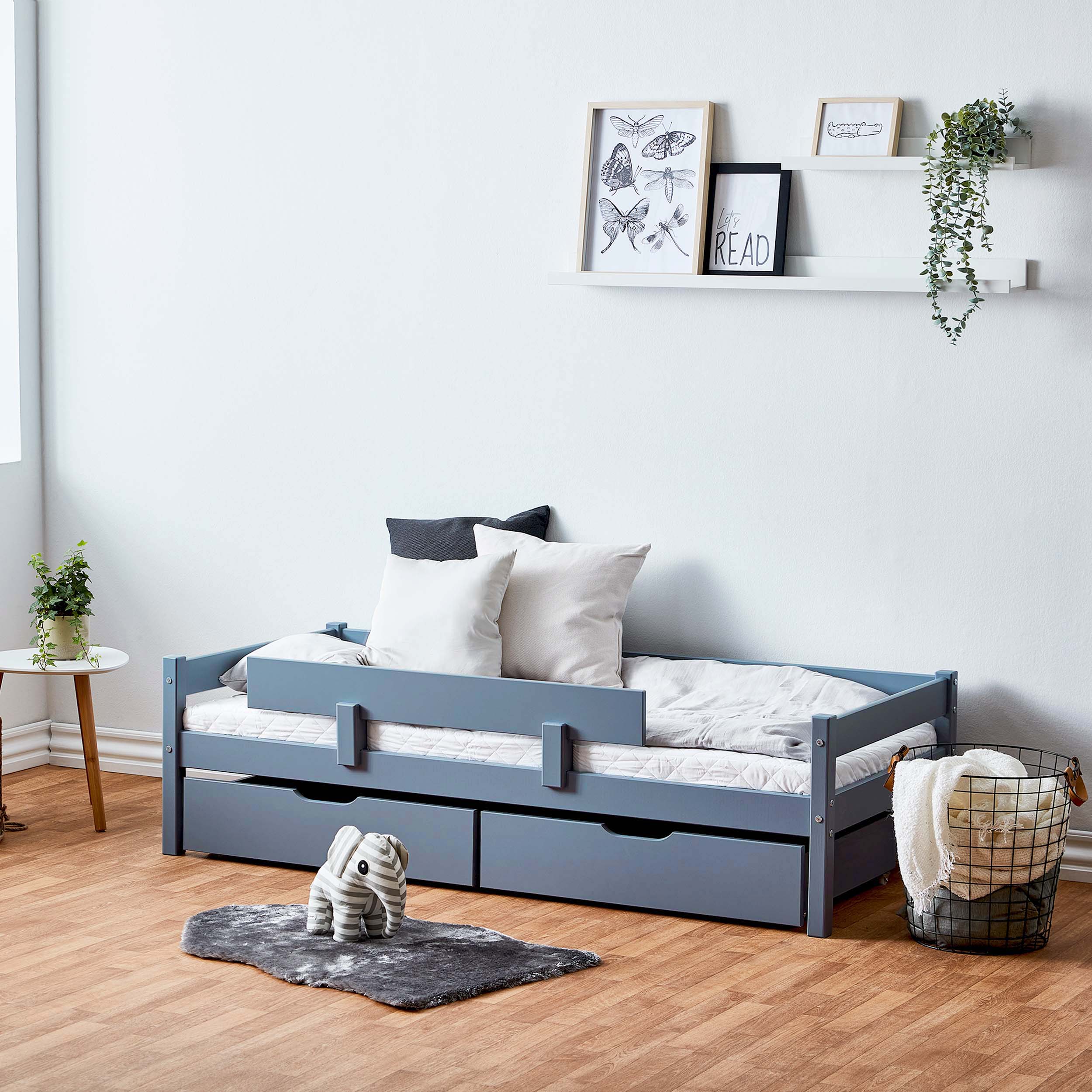 Sengepakke: Juniorseng 70x160 cm med skuffer & sengehest, Dusted Blue