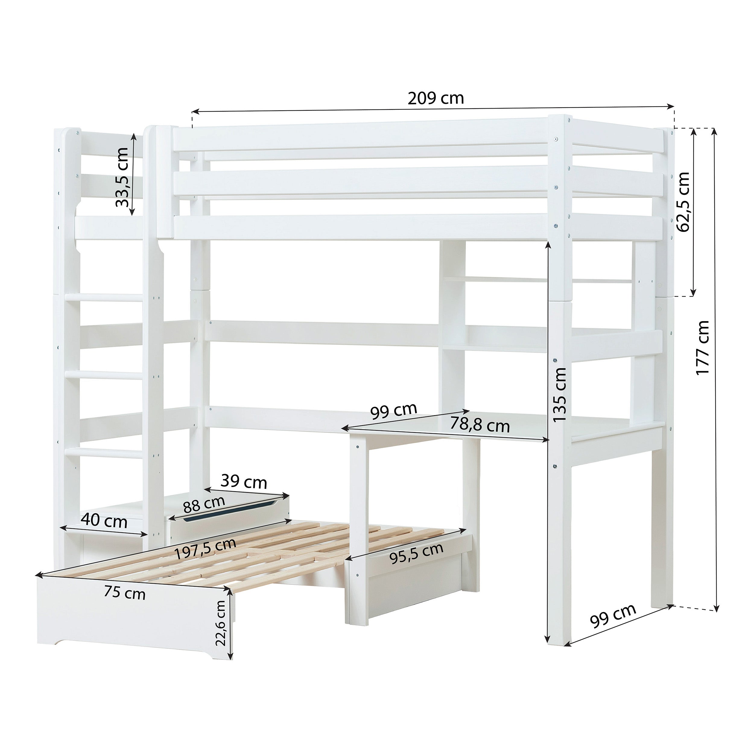 ECO Luxury højseng 90x200 med Study and Chill module