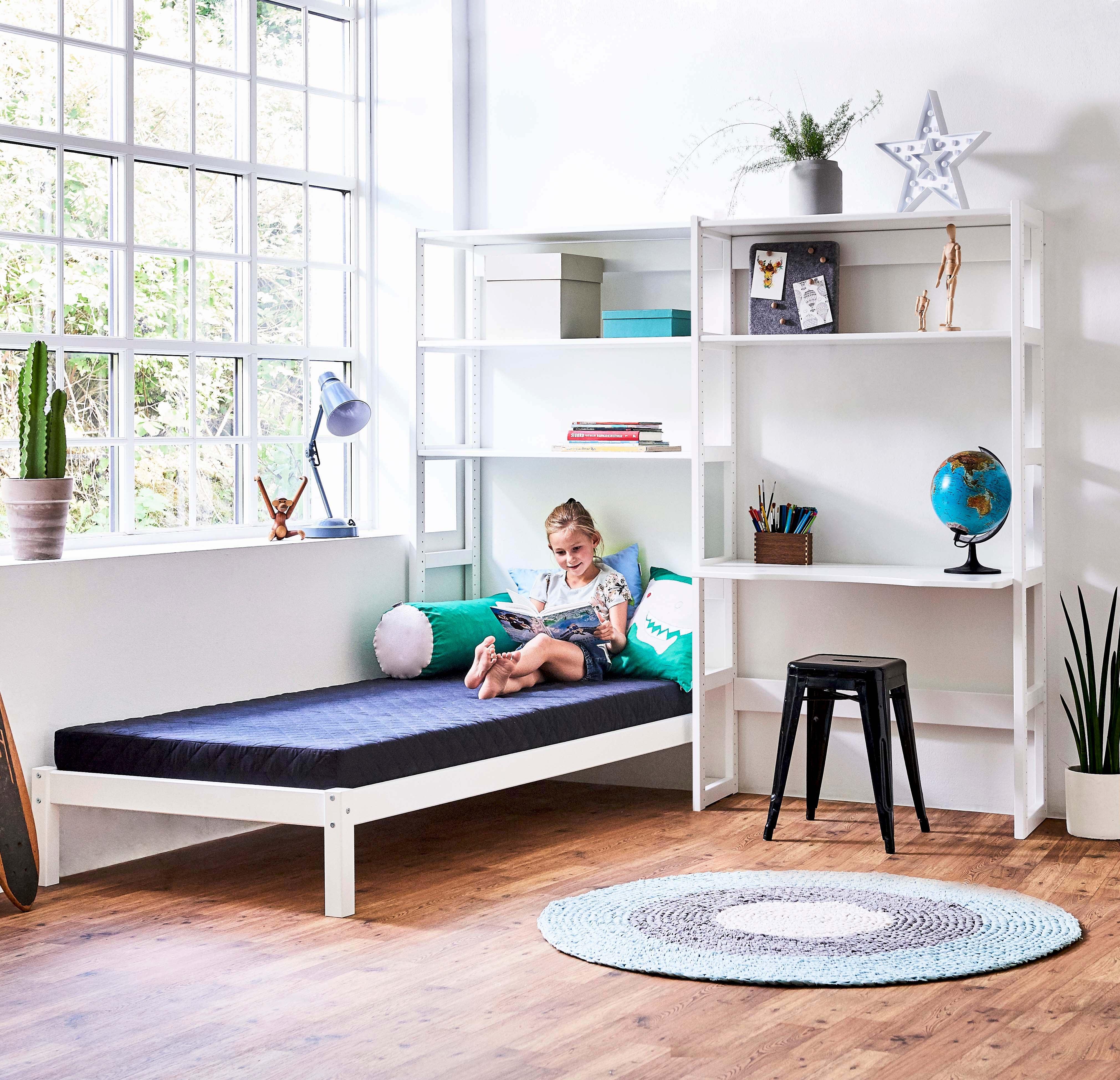 Hoppekids STOREY scaffale con 2 sezioni, 4 ripiani, letto 70x160 cm e piano di lavoro 80 cm, Bianco