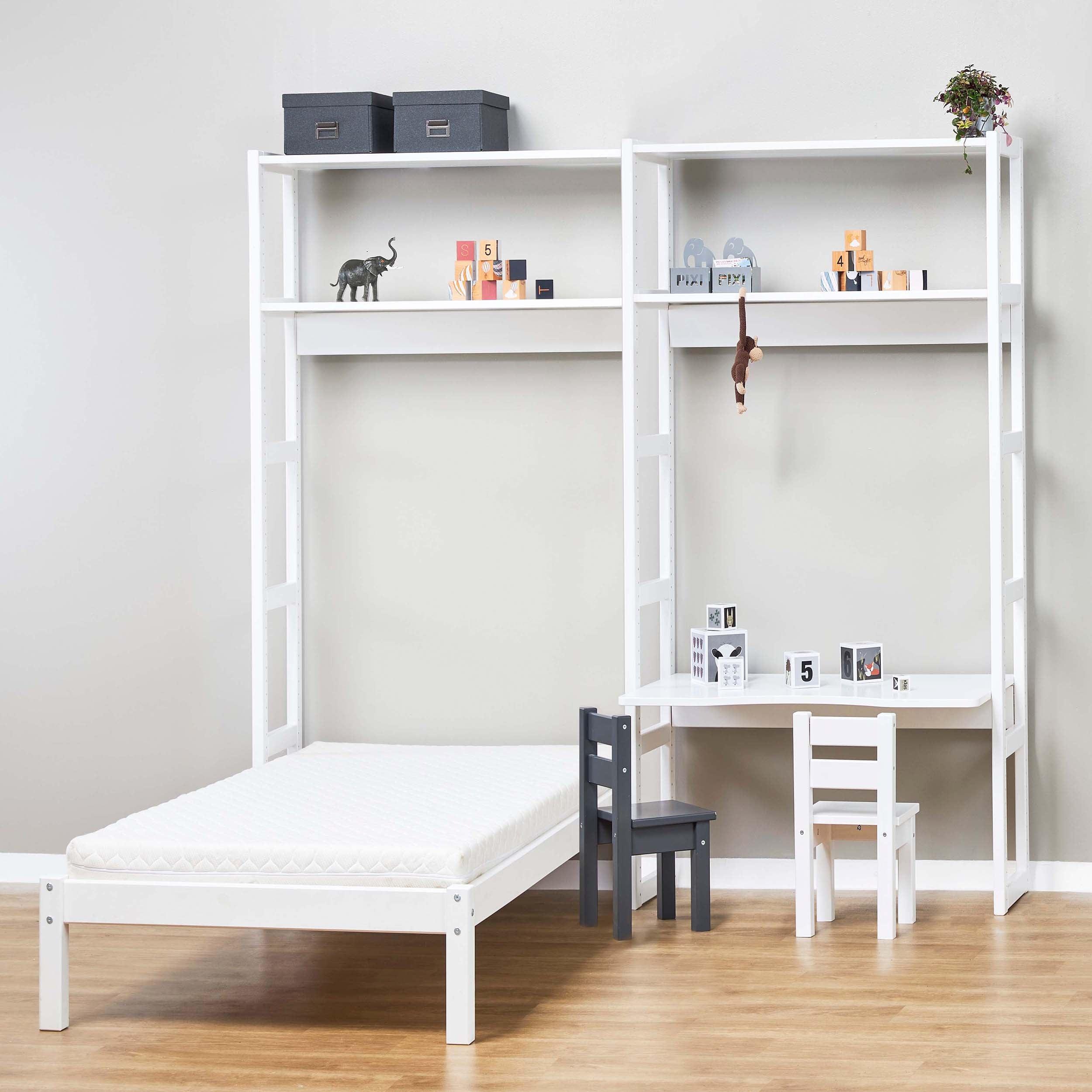 Hoppekids STOREY scaffale con 2 sezioni, 4 ripiani, letto 70x160 cm e piano di lavoro 80 cm, Bianco