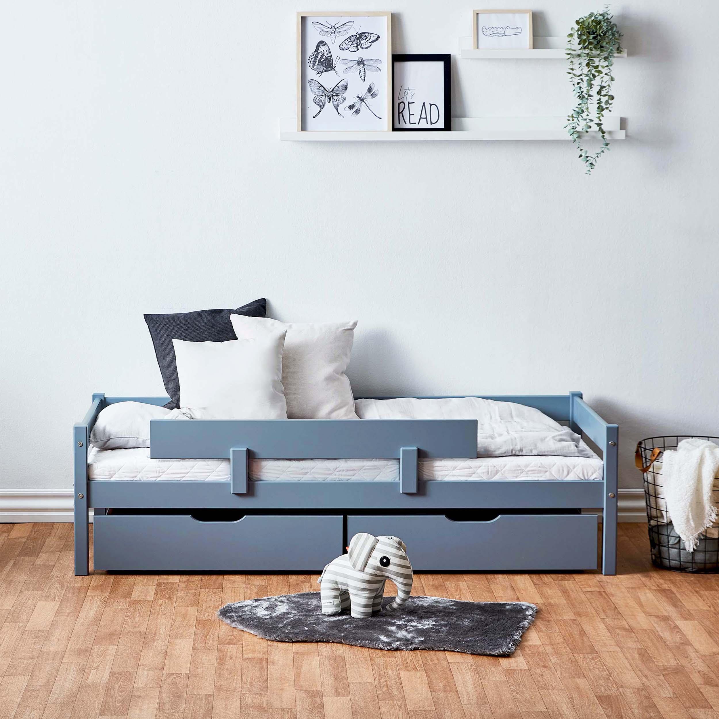 Bedpakket: Junior bed 70x160 cm met lades & bedrail, Dusted Blue