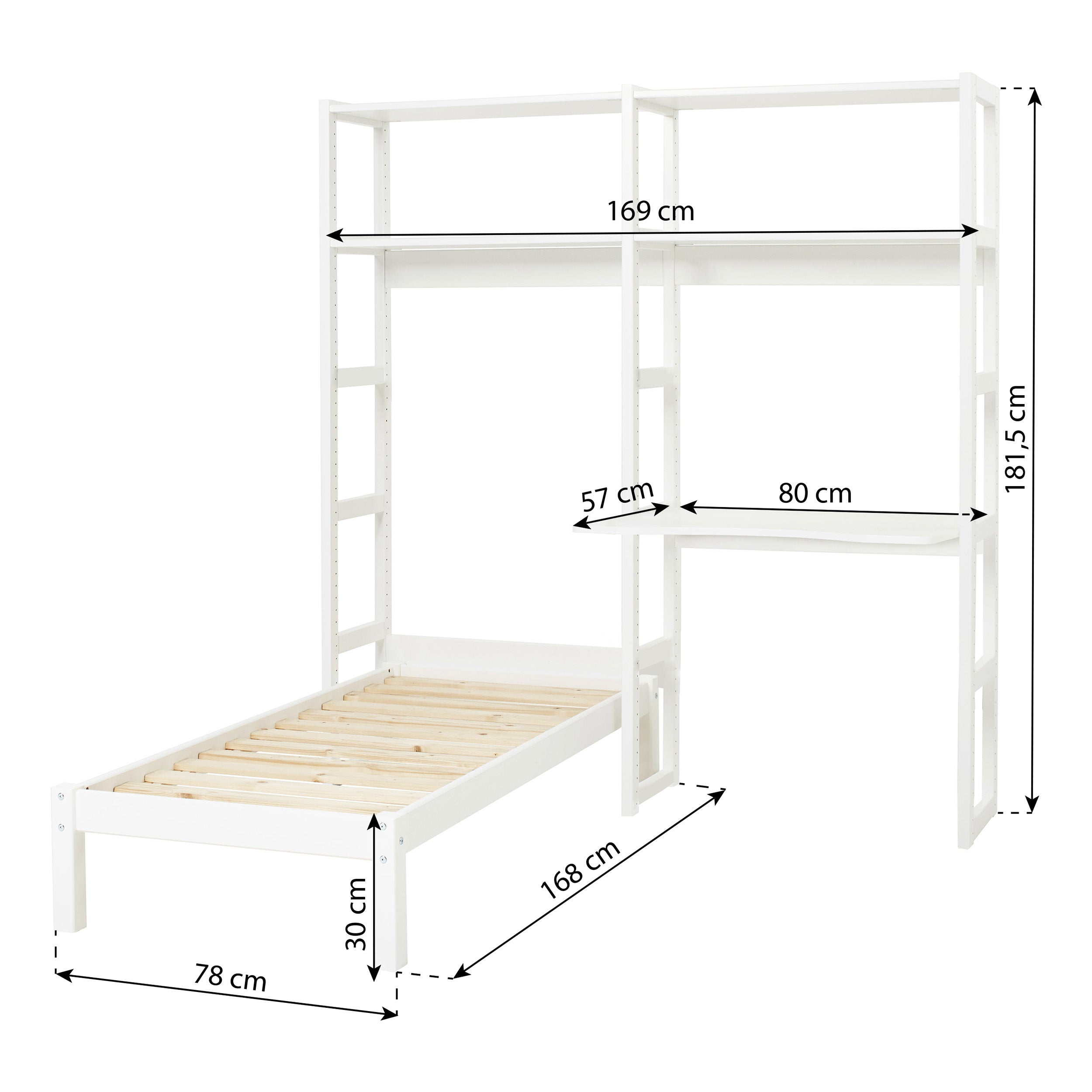 Hoppekids STOREY scaffale con 2 sezioni, 4 ripiani, letto di 70x160 cm e piano di scrittura di 80 cm, Bianco