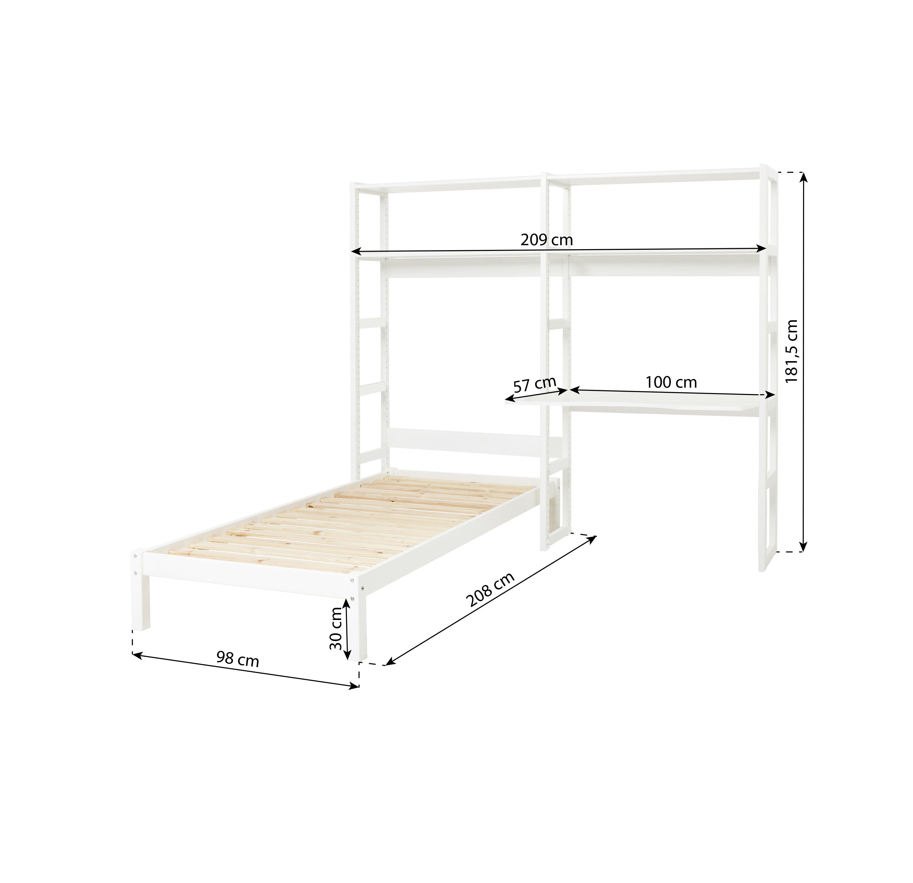 Hoppekids estantería de dos secciones, con 4 estantes, cama de 70x160 cm y escritorio de 80 cm, color blanco.
