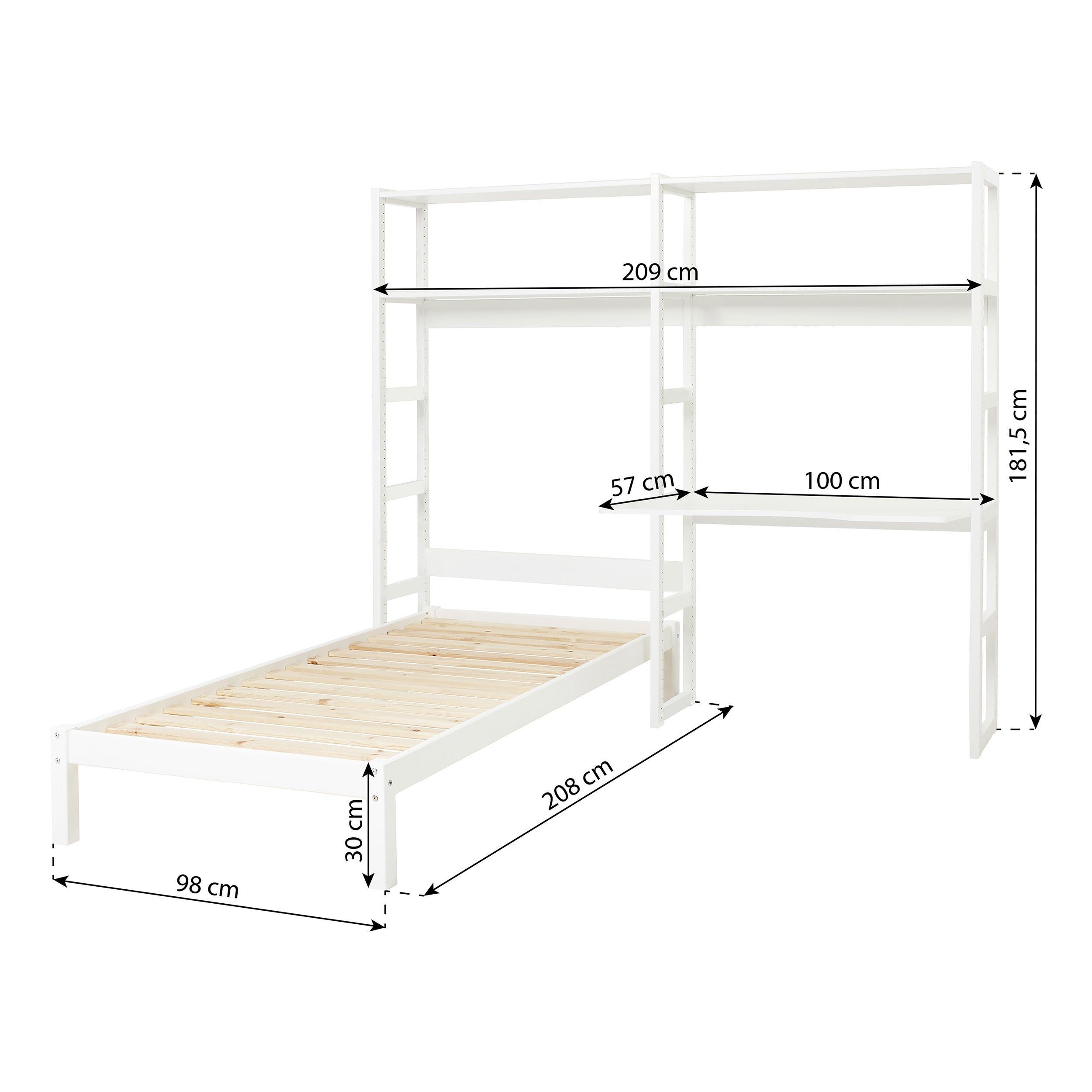 Hoppekids STOREY reol med 2 sektioner, 4 hylder, seng i 70x160 cm og skriveplade i 80 cm, Hvid