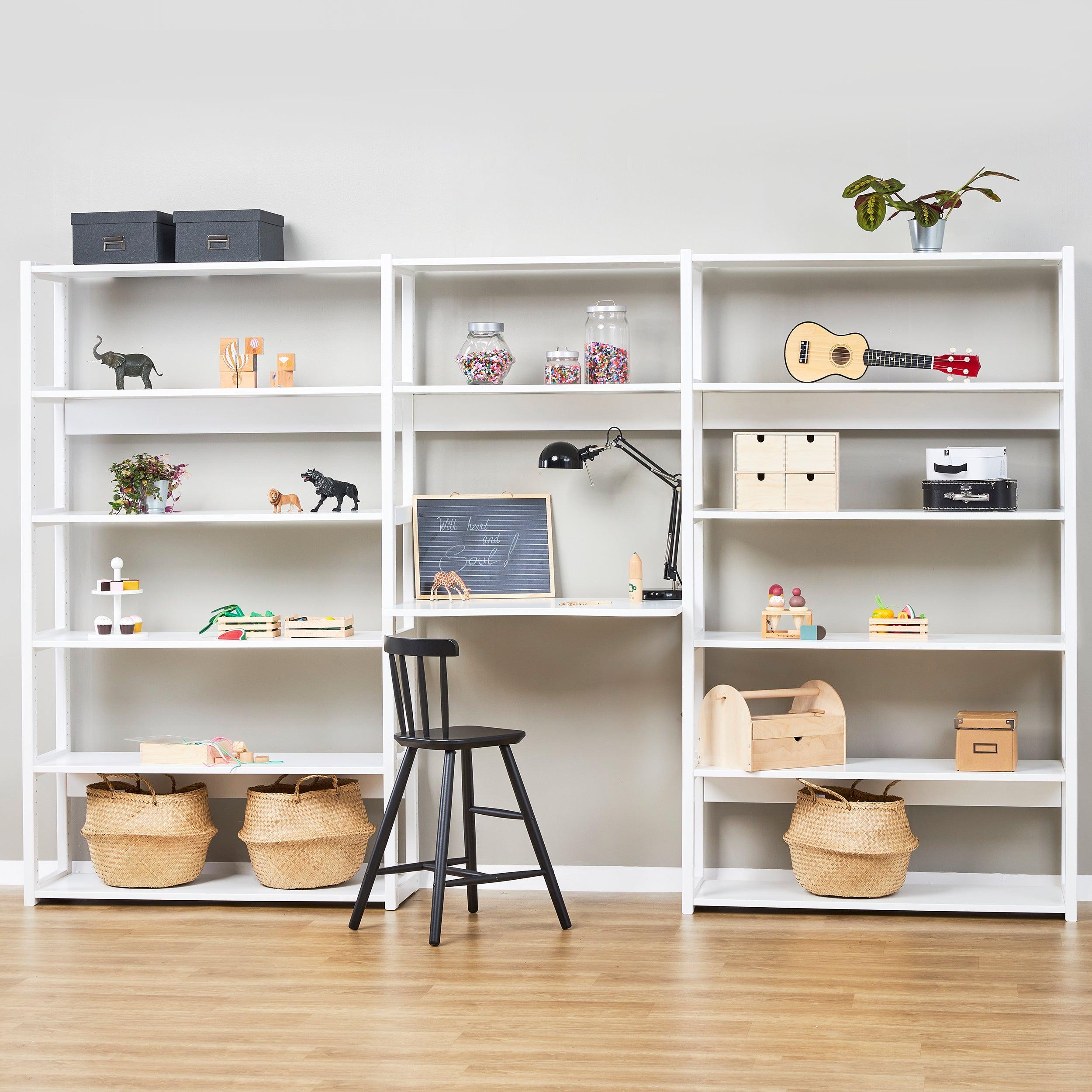 Hoppekids STOREY shelf with 3 sections, 12 shelves, and a writing desk in 80 cm, White