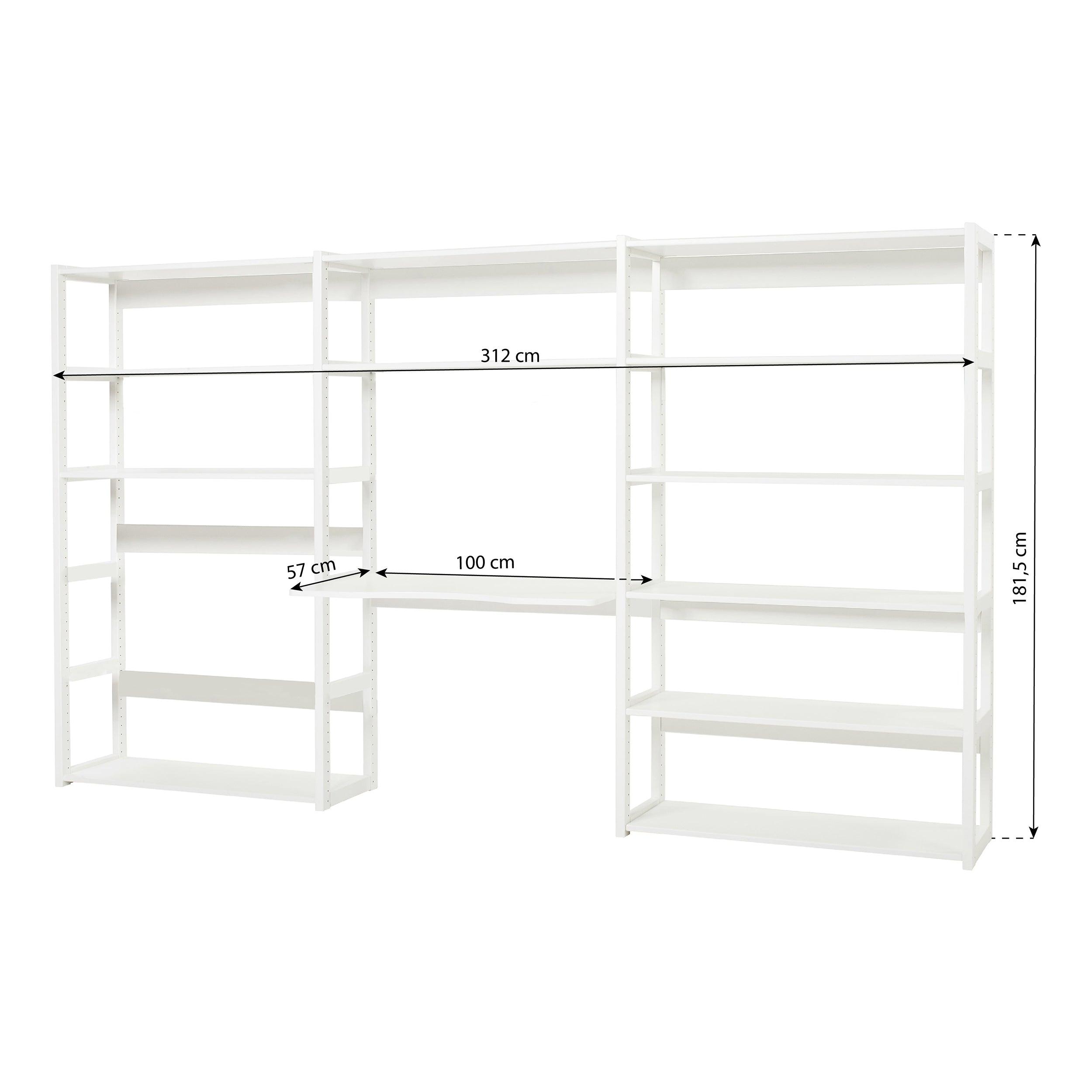 Hoppekids estantería de 3 secciones, con 12 estantes y escritorio de 80 cm, color blanco.