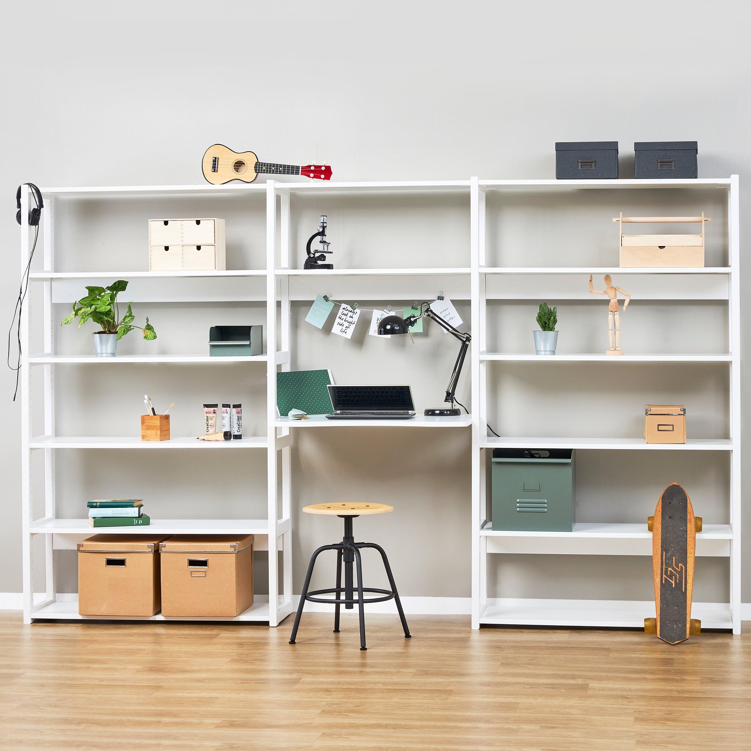 Hoppekids STOREY shelf with 3 sections, 14 shelves, and a writing desk in 80 cm, White