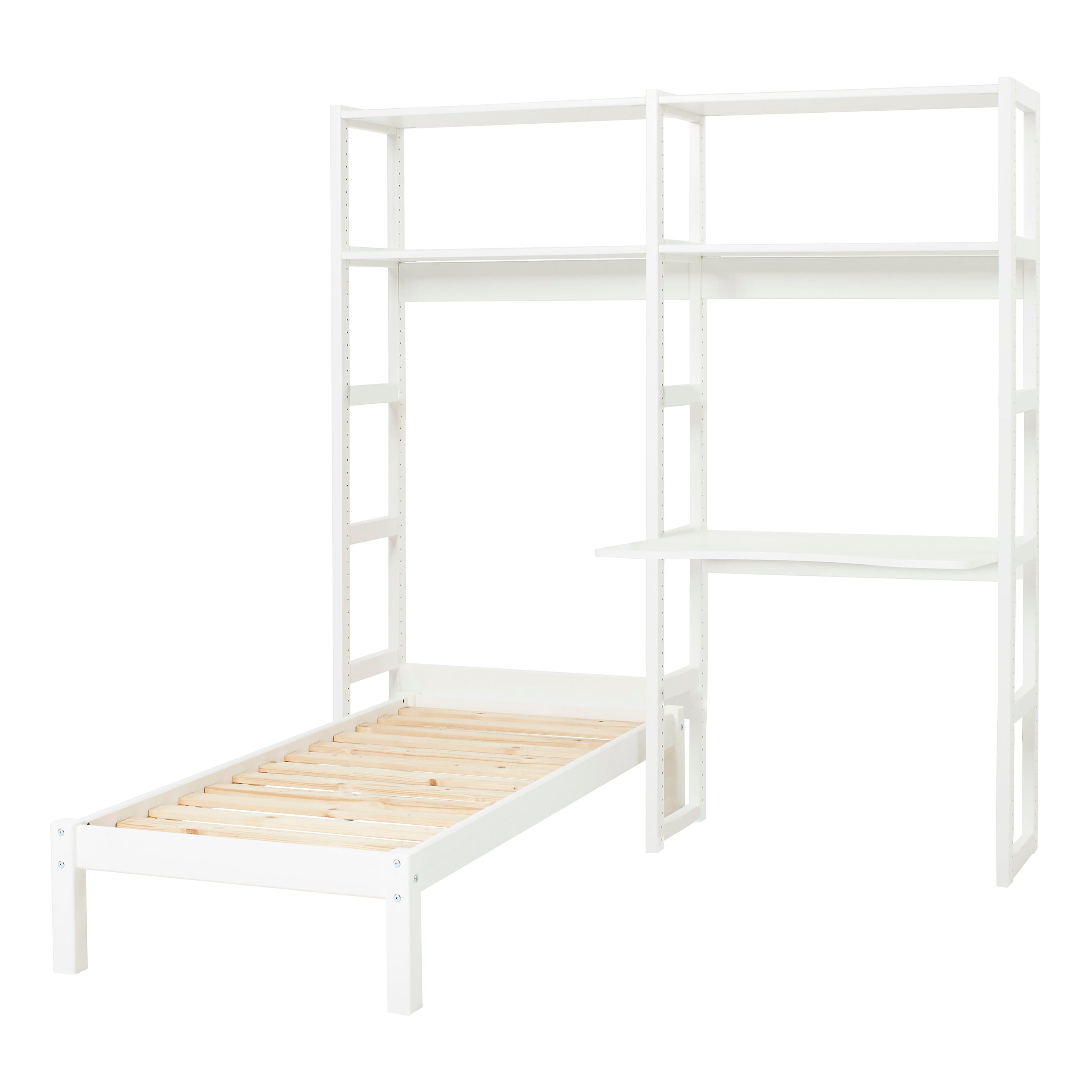 Hoppekids STOREY boekenkast met 2 secties, 4 planken, bed van 70x160 cm en schrijfblad van 80 cm, Wit