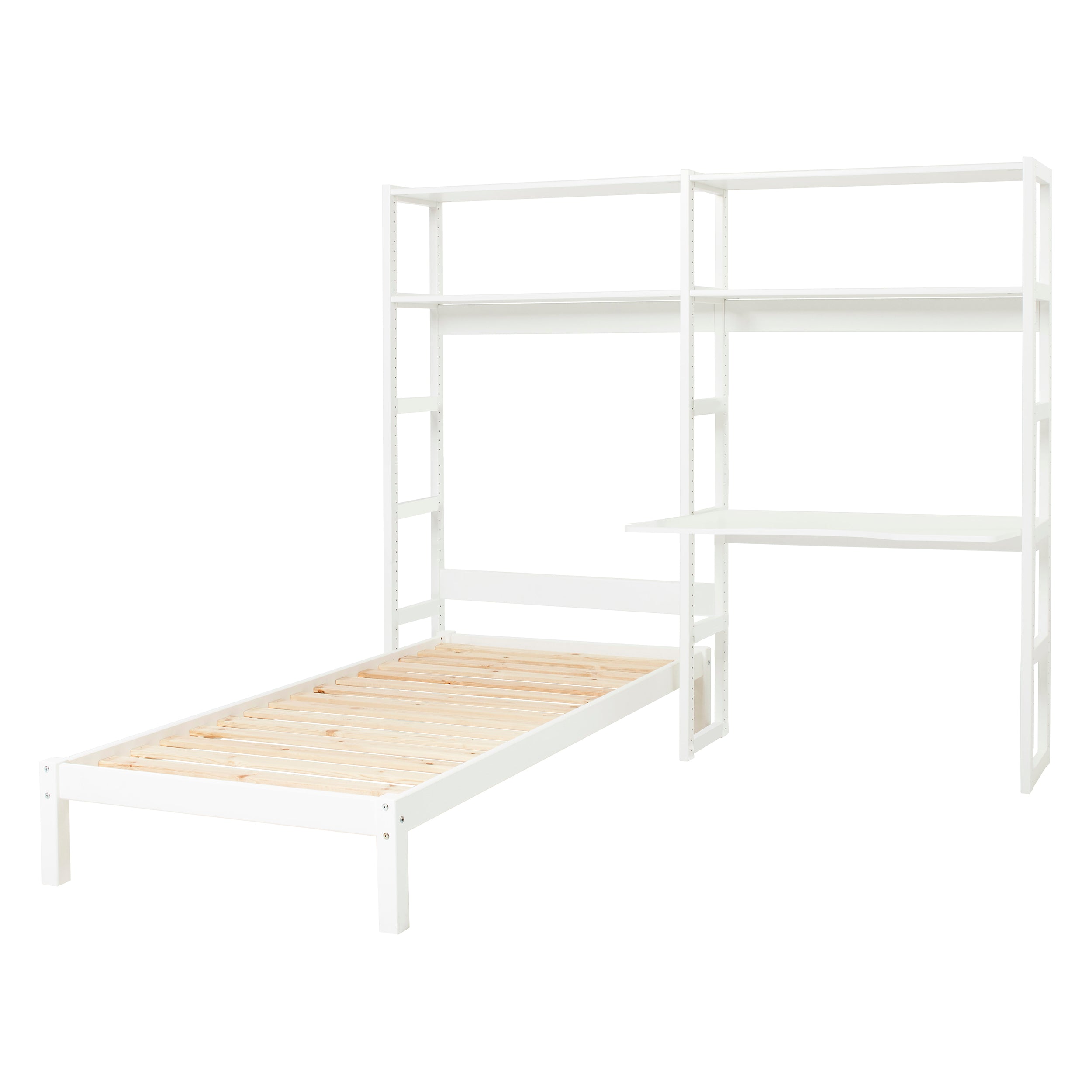 Hoppekids estantería de dos secciones, con 4 estantes, cama de 70x160 cm y escritorio de 80 cm, color blanco.